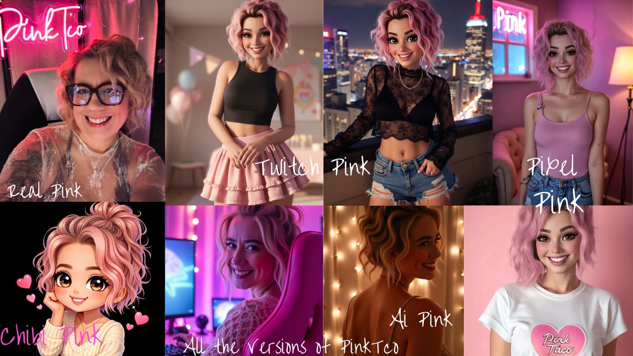All the Versions of PinkTco: Real Pink, Twitch Pink, AI Pink, Chibi Pink, and more.