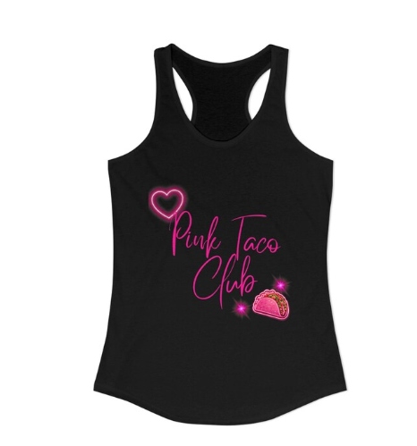 Black racerback tank with neon Pink Taco Club artwork
