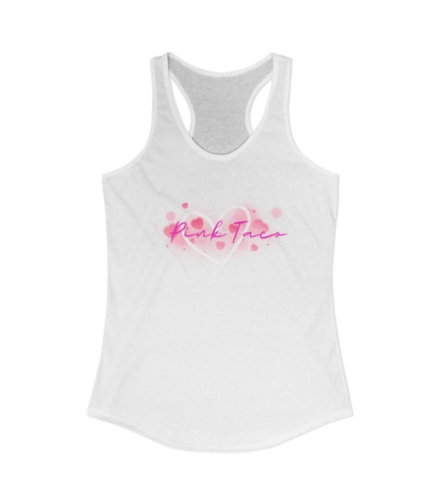White racerback tank with pink Pink Taco artwork